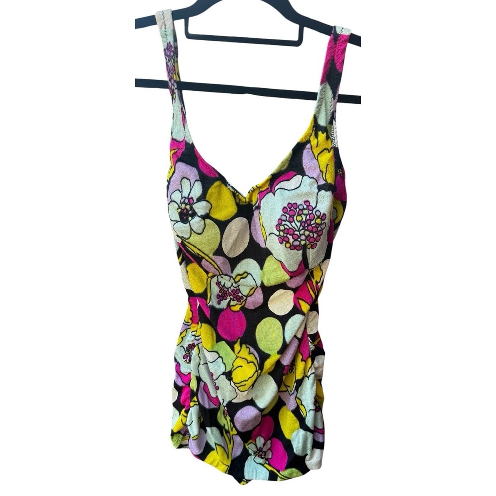 Womens One Piece Swimsuit Darlene Black Floral Print Vintage 60s/70s Size 15-16